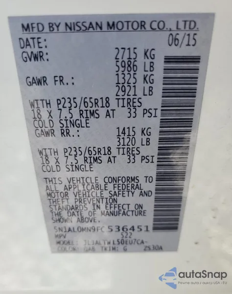 2015 Infiniti Qx60 z USA, uszkodzony, nr VIN 5N1AL0MN9FC536451